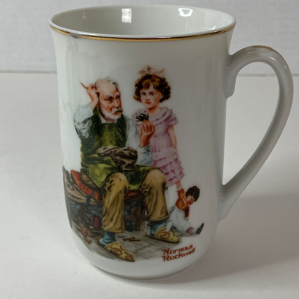 Norman Rockwell Museum The Cobbler Coffee Mug 1982 Vintage Porcelain Gold Rim